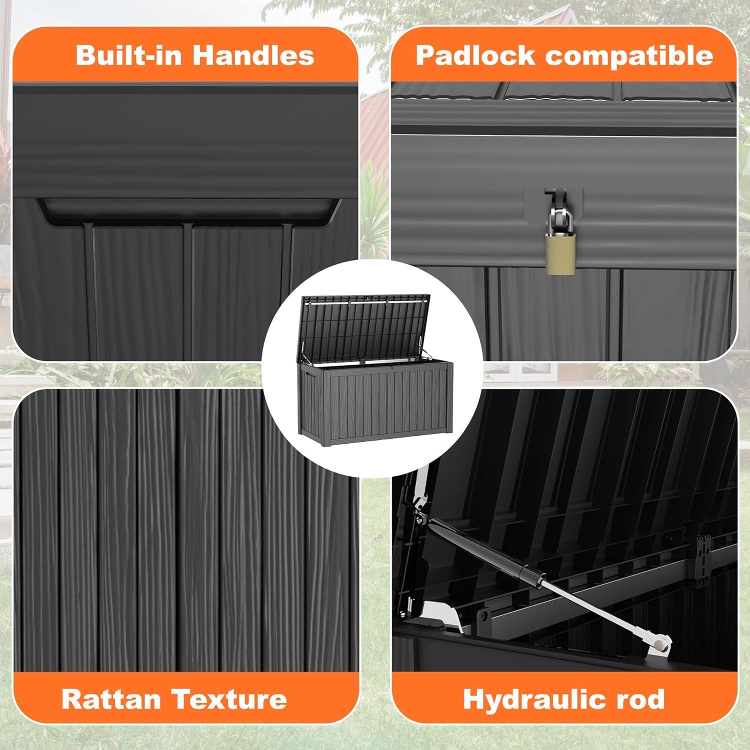 image28 Gallon Resin Deck Box Lockable Patio Outdoor Storage Box for Furniture Garden Tools and Tools Storage Waterproof Outside Storage Boxes  BlackBlack