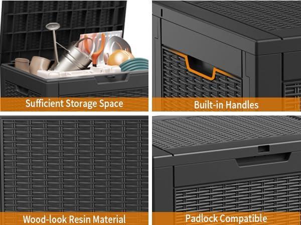 image28 Gallon Resin Deck Box Lockable Patio Outdoor Storage Box for Furniture Garden Tools and Tools Storage Waterproof Outside Storage Boxes  BlackBlack