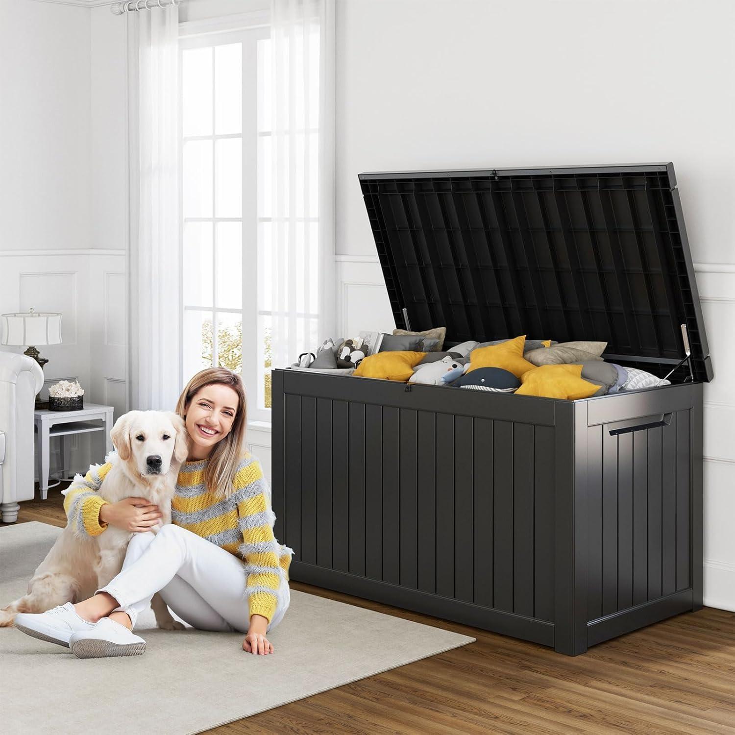 image28 Gallon Resin Deck Box Lockable Patio Outdoor Storage Box for Furniture Garden Tools and Tools Storage Waterproof Outside Storage Boxes  BlackBlack