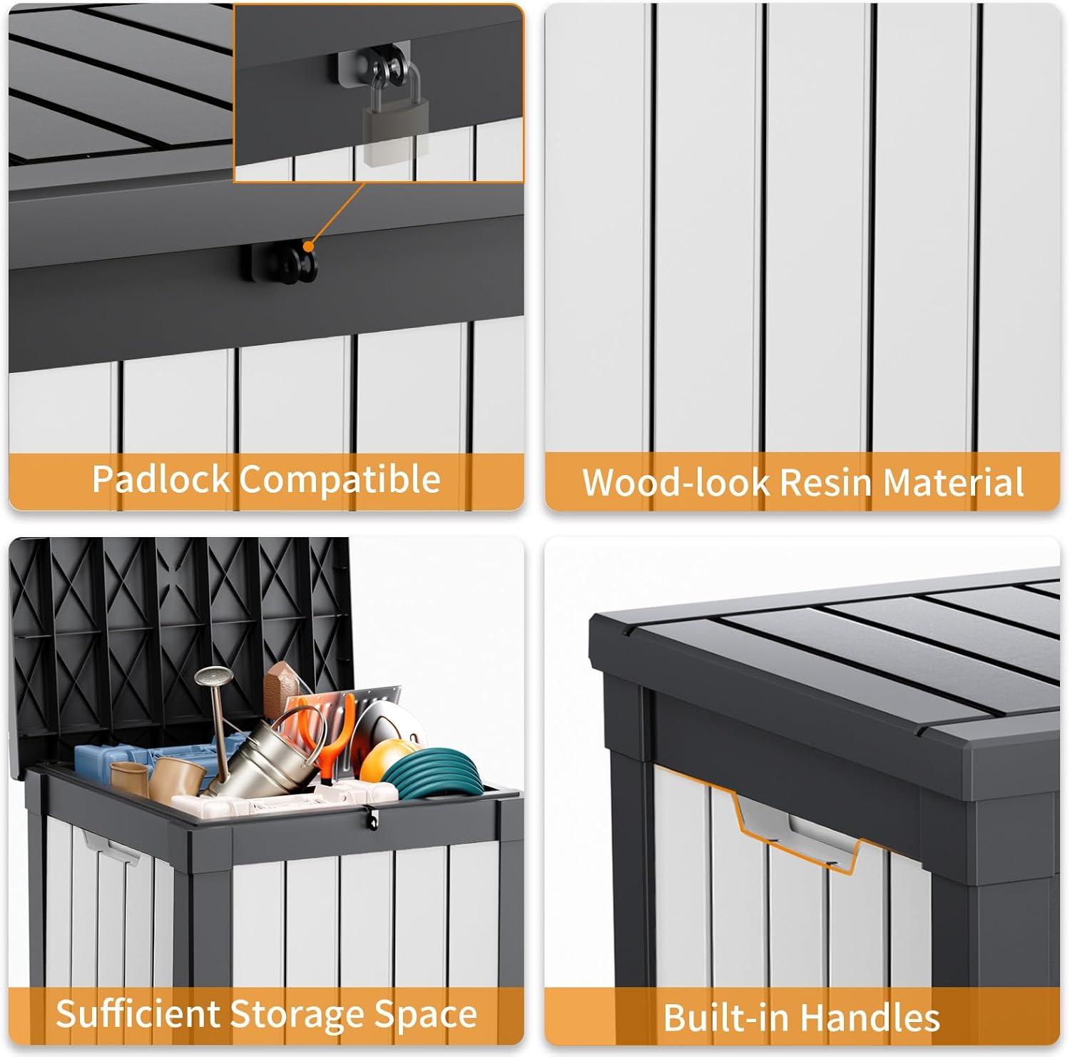 image28 Gallon Resin Deck Box Lockable Patio Outdoor Storage Box for Furniture Garden Tools and Tools Storage Waterproof Outside Storage Boxes  BlackBlackWhite