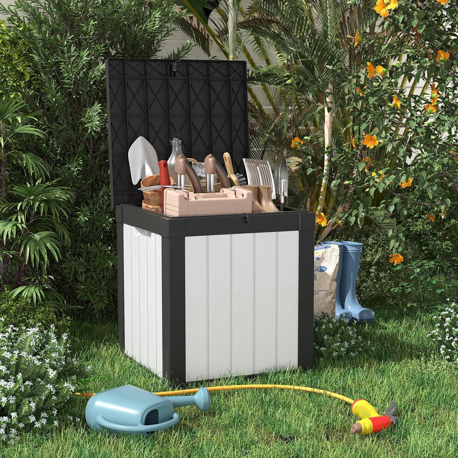 image28 Gallon Resin Deck Box Lockable Patio Outdoor Storage Box for Furniture Garden Tools and Tools Storage Waterproof Outside Storage Boxes  BlackBlackWhite