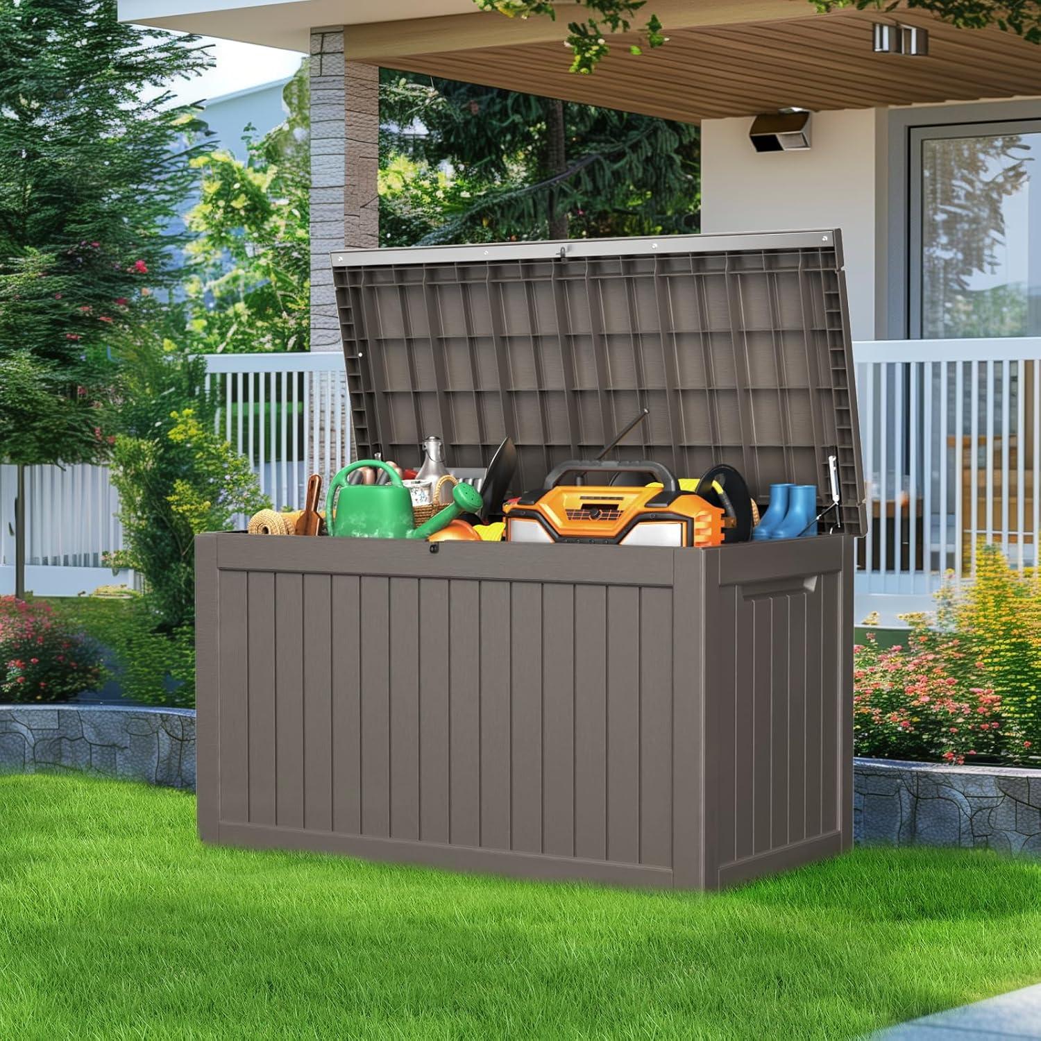 image28 Gallon Resin Deck Box Lockable Patio Outdoor Storage Box for Furniture Garden Tools and Tools Storage Waterproof Outside Storage Boxes  BlackGrey