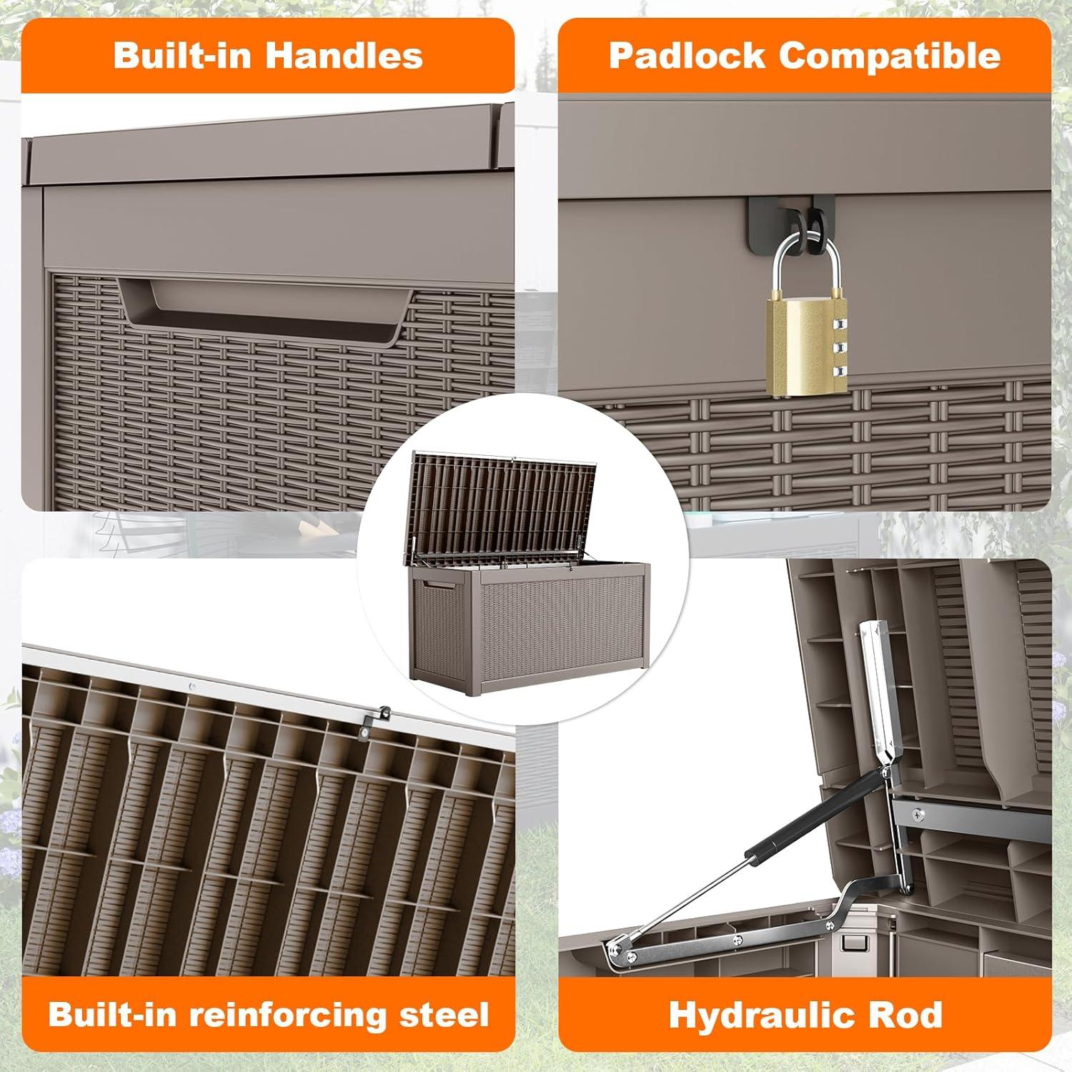 image28 Gallon Resin Deck Box Lockable Patio Outdoor Storage Box for Furniture Garden Tools and Tools Storage Waterproof Outside Storage Boxes  BlackGrey