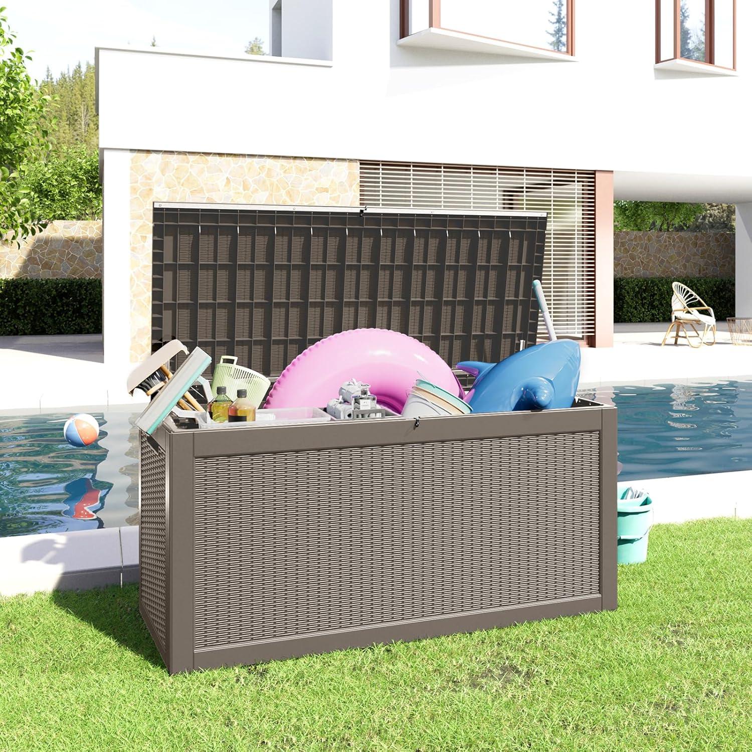 image28 Gallon Resin Deck Box Lockable Patio Outdoor Storage Box for Furniture Garden Tools and Tools Storage Waterproof Outside Storage Boxes  BlackGrey