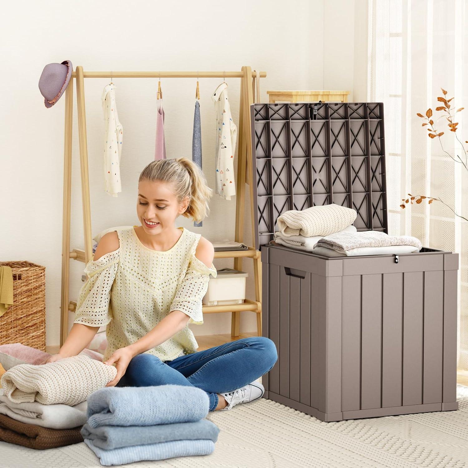 image28 Gallon Resin Deck Box Lockable Patio Outdoor Storage Box for Furniture Garden Tools and Tools Storage Waterproof Outside Storage Boxes  BlackGrey