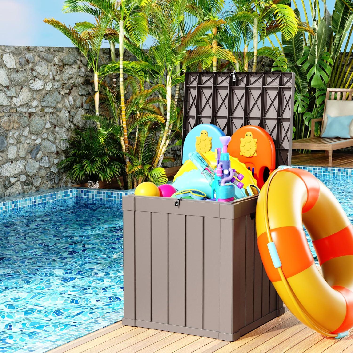 image28 Gallon Resin Deck Box Lockable Patio Outdoor Storage Box for Furniture Garden Tools and Tools Storage Waterproof Outside Storage Boxes  BlackGrey