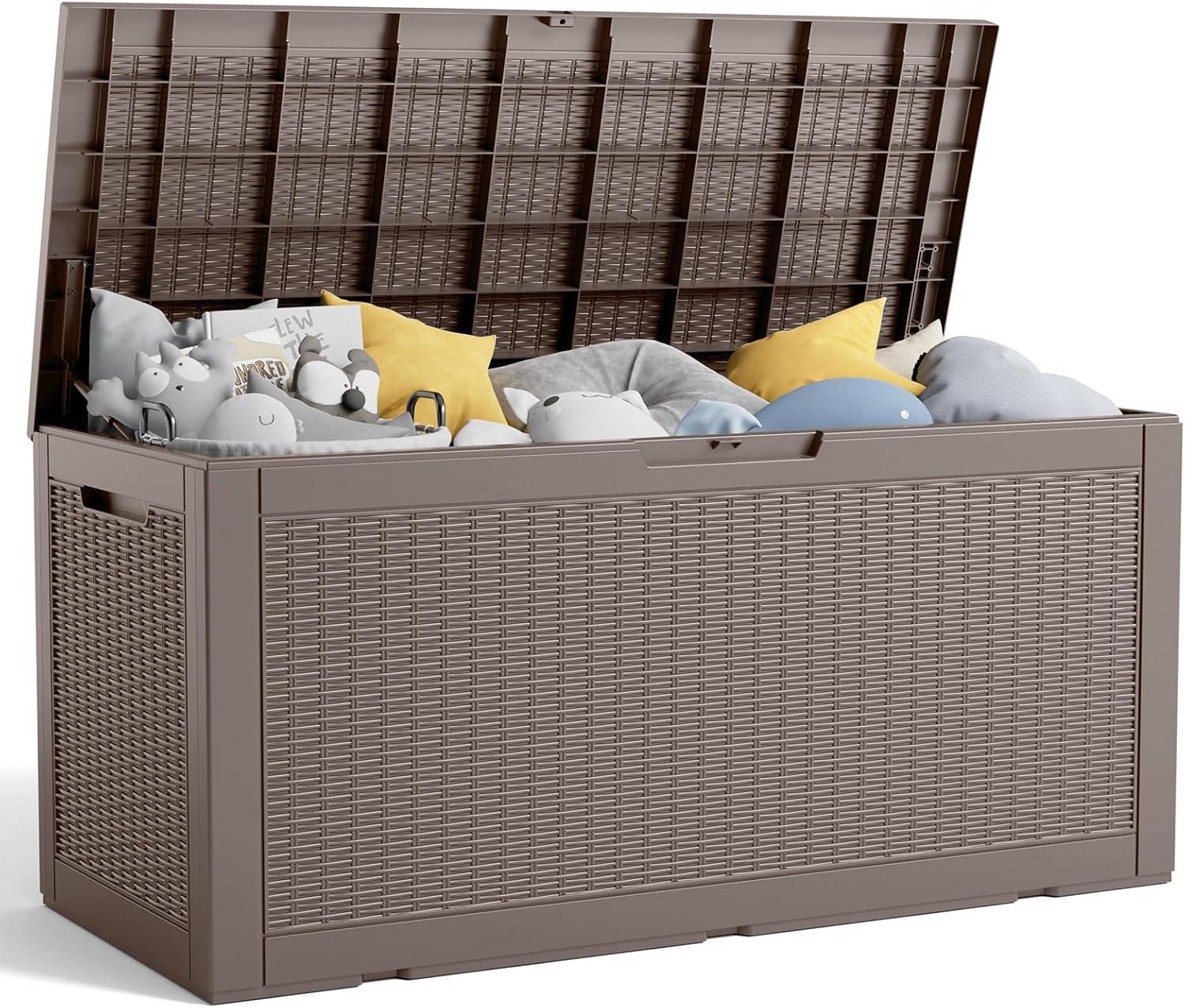 image28 Gallon Resin Deck Box Lockable Patio Outdoor Storage Box for Furniture Garden Tools and Tools Storage Waterproof Outside Storage Boxes  BlackGrey