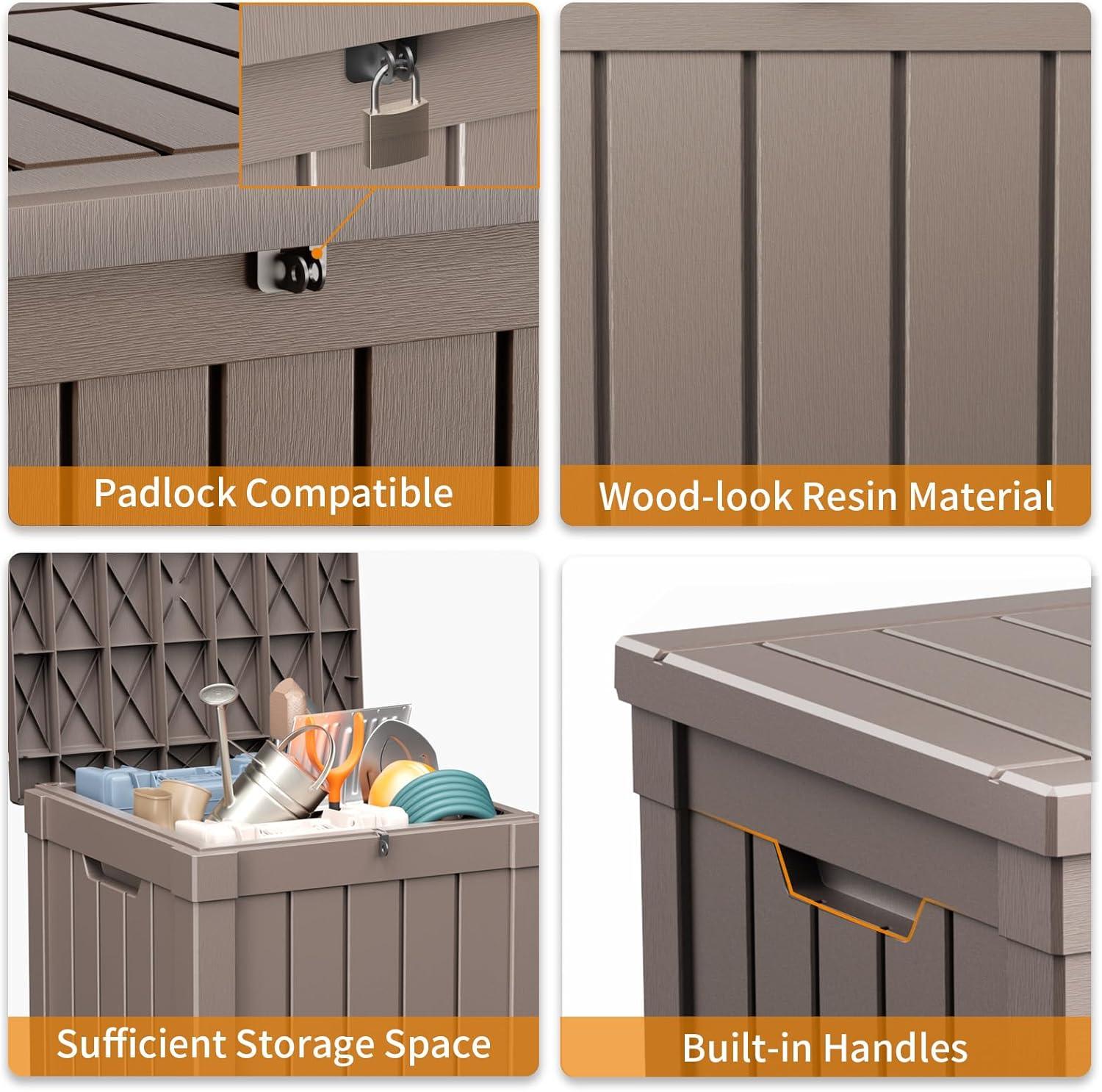 image28 Gallon Resin Deck Box Lockable Patio Outdoor Storage Box for Furniture Garden Tools and Tools Storage Waterproof Outside Storage Boxes  BlackGrey
