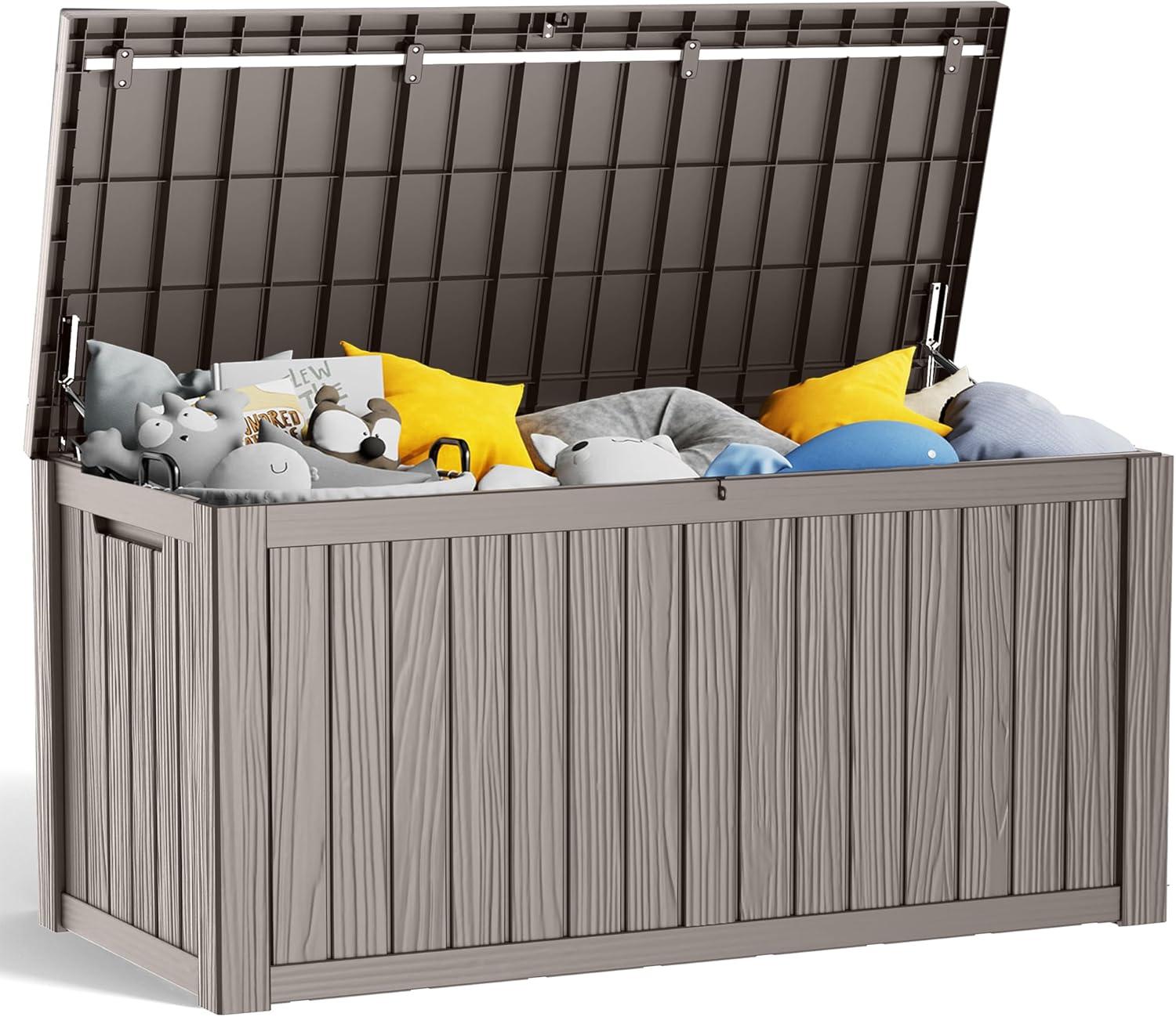 image28 Gallon Resin Deck Box Lockable Patio Outdoor Storage Box for Furniture Garden Tools and Tools Storage Waterproof Outside Storage Boxes  BlackGrey