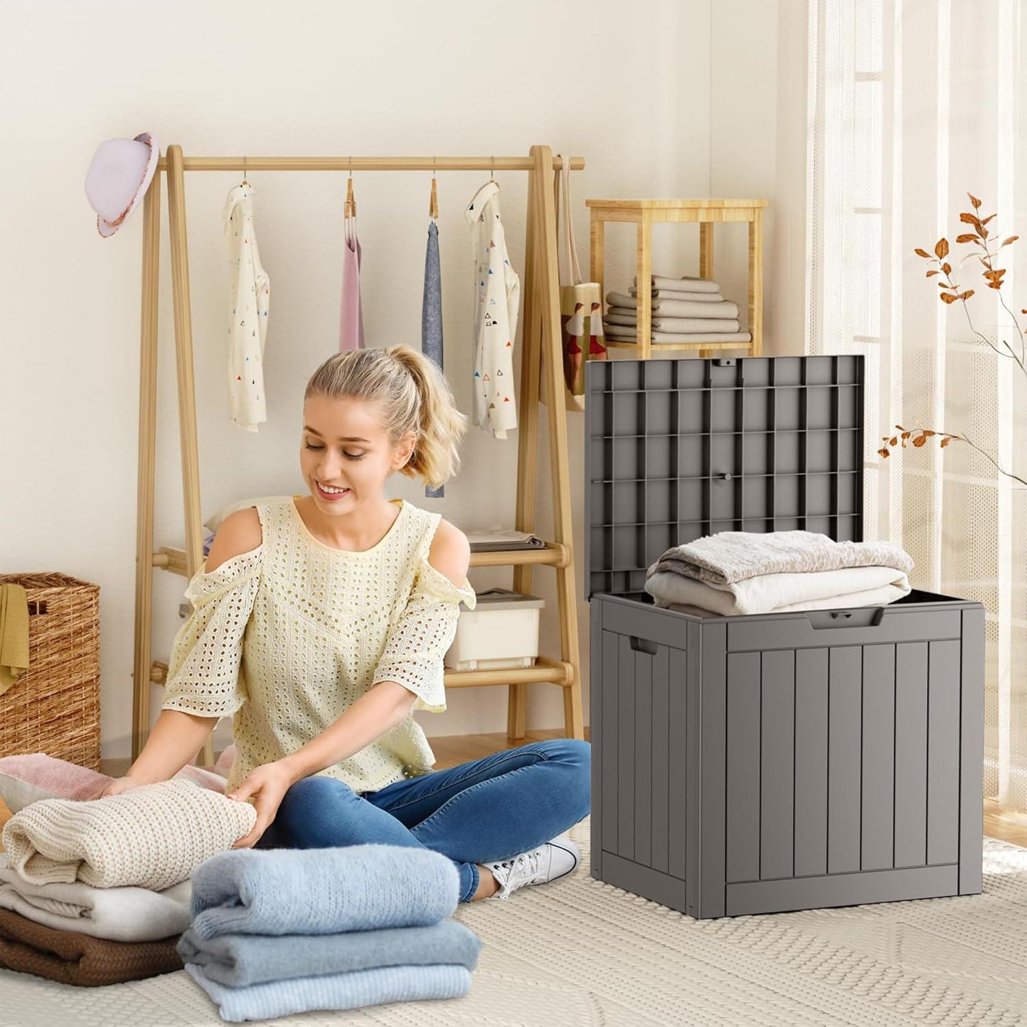 image28 Gallon Resin Deck Box Lockable Patio Outdoor Storage Box for Furniture Garden Tools and Tools Storage Waterproof Outside Storage Boxes  BlackGrey