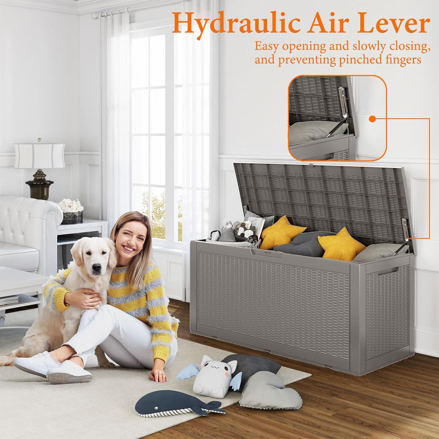 image28 Gallon Resin Deck Box Lockable Patio Outdoor Storage Box for Furniture Garden Tools and Tools Storage Waterproof Outside Storage Boxes  BlackGrey