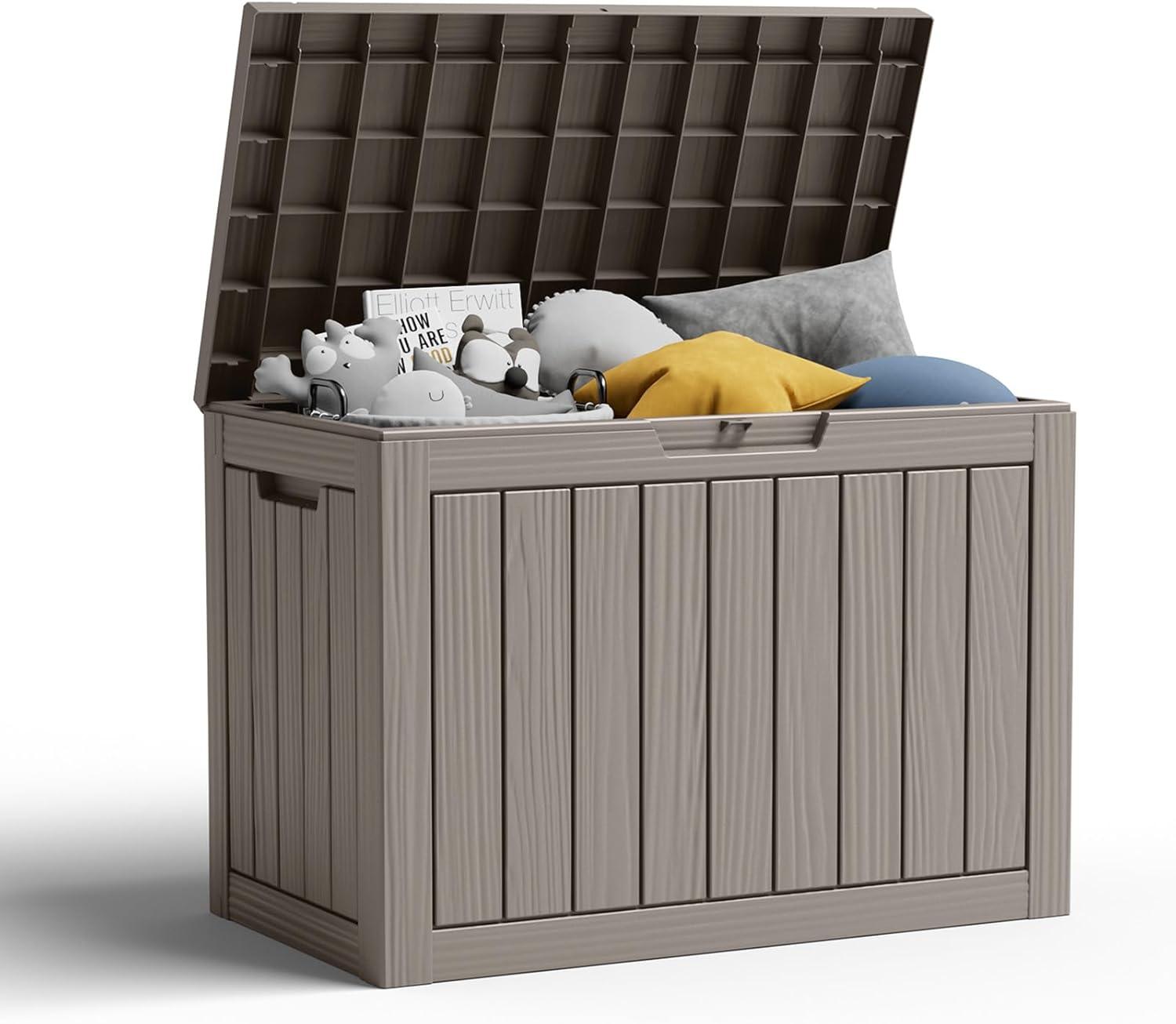 image28 Gallon Resin Deck Box Lockable Patio Outdoor Storage Box for Furniture Garden Tools and Tools Storage Waterproof Outside Storage Boxes  BlackGrey