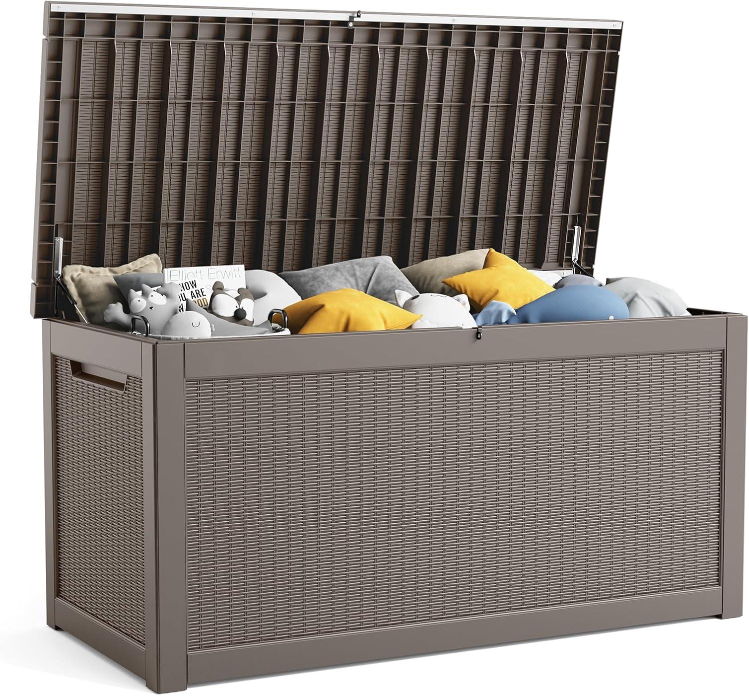 image28 Gallon Resin Deck Box Lockable Patio Outdoor Storage Box for Furniture Garden Tools and Tools Storage Waterproof Outside Storage Boxes  BlackGrey