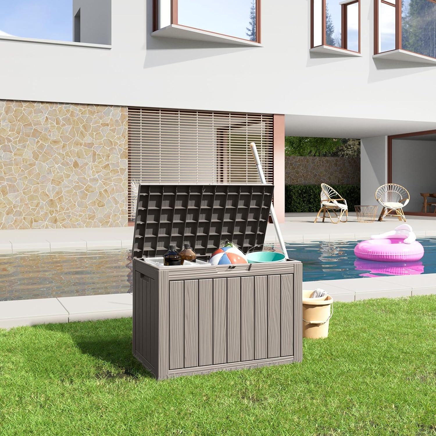 image28 Gallon Resin Deck Box Lockable Patio Outdoor Storage Box for Furniture Garden Tools and Tools Storage Waterproof Outside Storage Boxes  BlackGrey