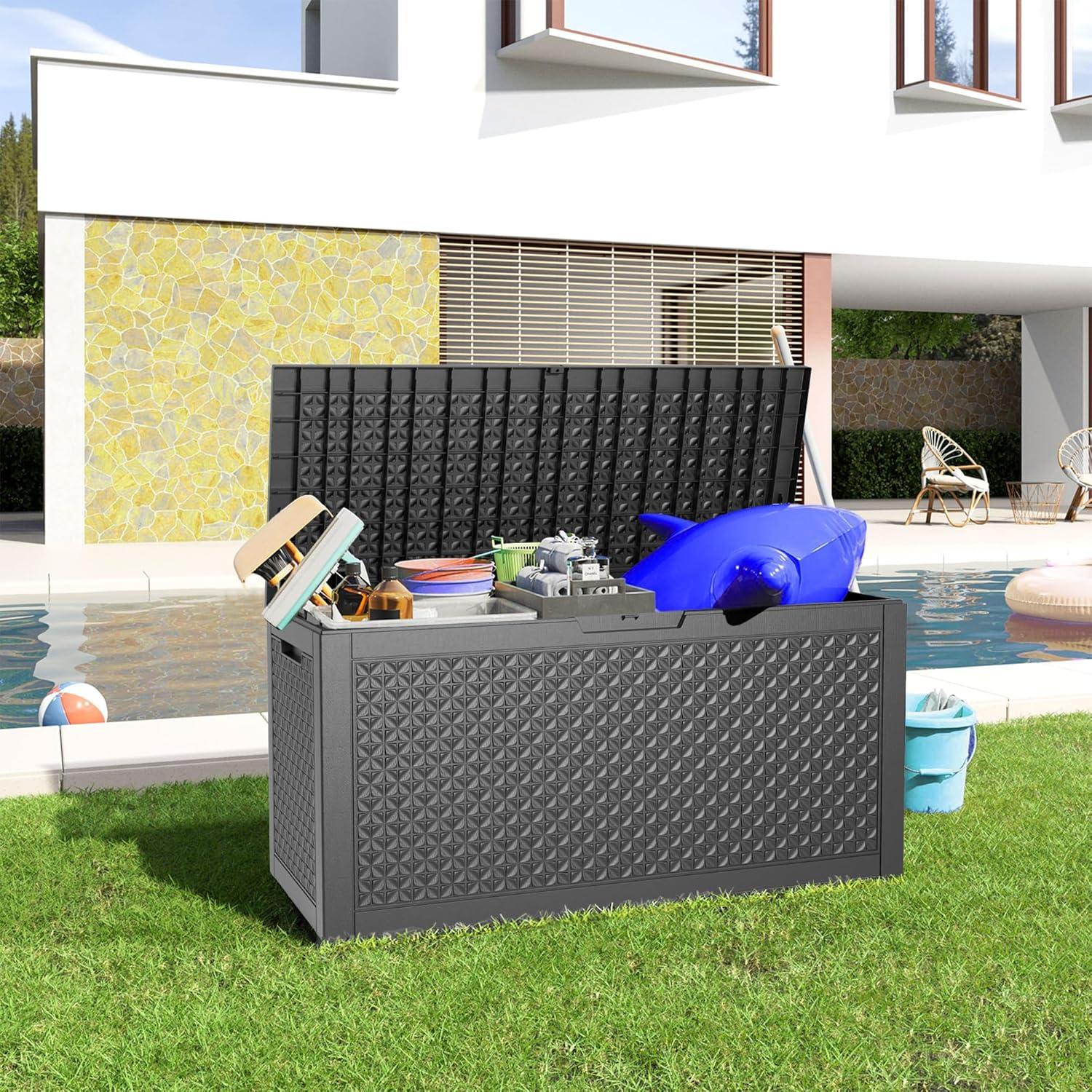 image28 Gallon Resin Deck Box Lockable Patio Outdoor Storage Box for Furniture Garden Tools and Tools Storage Waterproof Outside Storage Boxes  BlackPatterned black