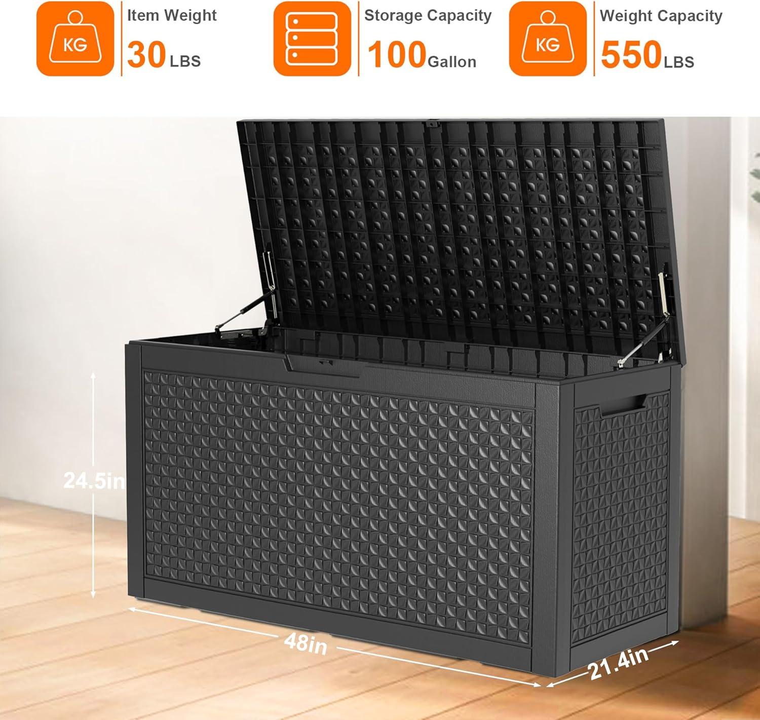 image28 Gallon Resin Deck Box Lockable Patio Outdoor Storage Box for Furniture Garden Tools and Tools Storage Waterproof Outside Storage Boxes  BlackPatterned black