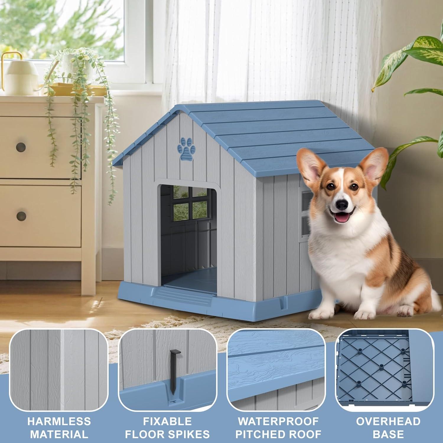 image38 Inch Dog House Indoor Outdoor Dog Kennel for Small Medium Large Dogs Weather Water Resistant Pet House with Air Vents and Elevated Floor Blue 38INCH 378  4087  3882INBlue