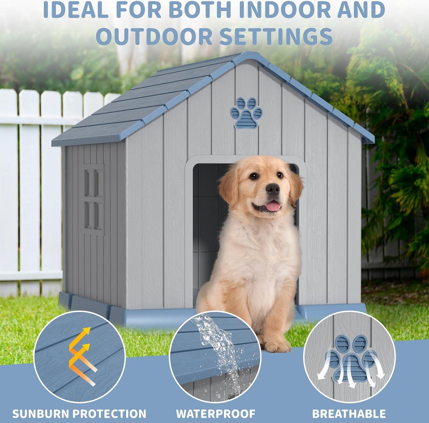 image38 Inch Dog House Indoor Outdoor Dog Kennel for Small Medium Large Dogs Weather Water Resistant Pet House with Air Vents and Elevated Floor Blue 38INCH 378  4087  3882INBlue