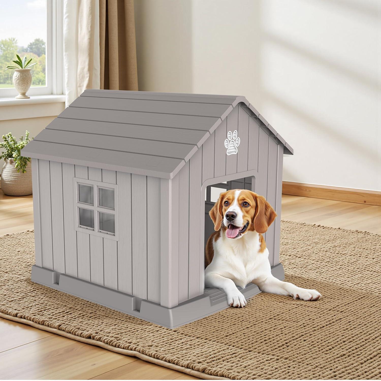 image38 Inch Dog House Indoor Outdoor Dog Kennel for Small Medium Large Dogs Weather Water Resistant Pet House with Air Vents and Elevated Floor Blue 38INCH 378  4087  3882INLight Brown
