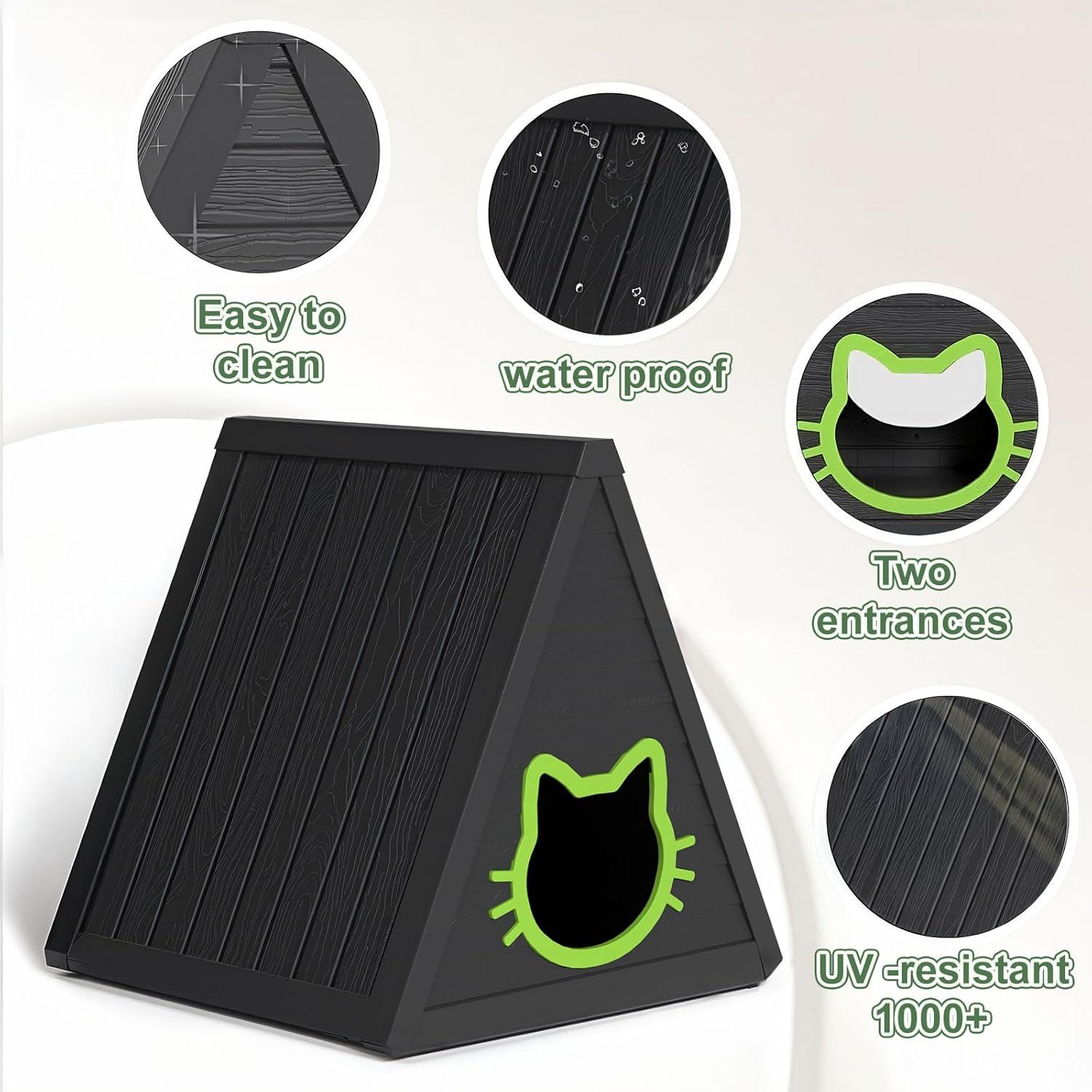 imageCat House for Outdoor Weatherproof Shelter Cats Triangle Moisture and Odor ResistantBlack