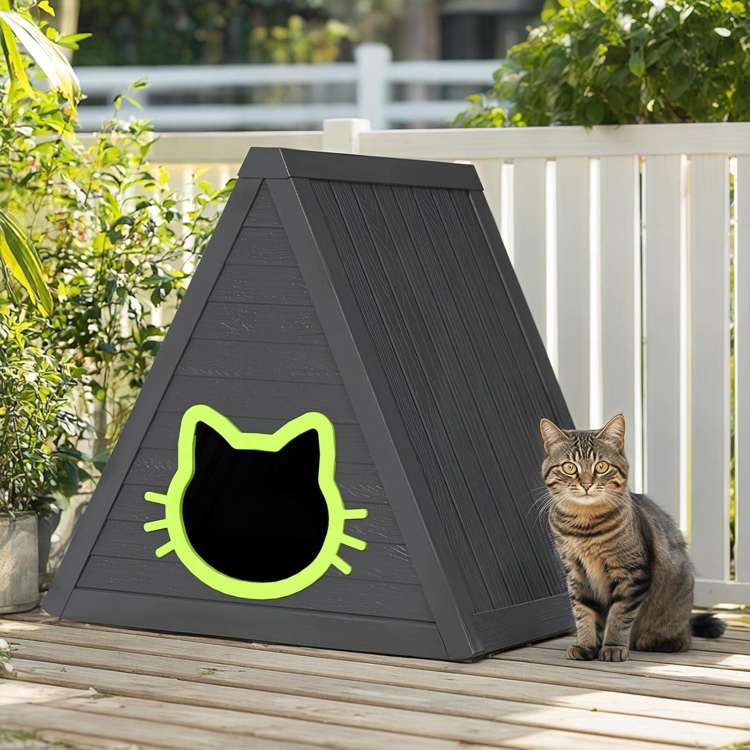 imageCat House for Outdoor Weatherproof Shelter Cats Triangle Moisture and Odor ResistantBlack