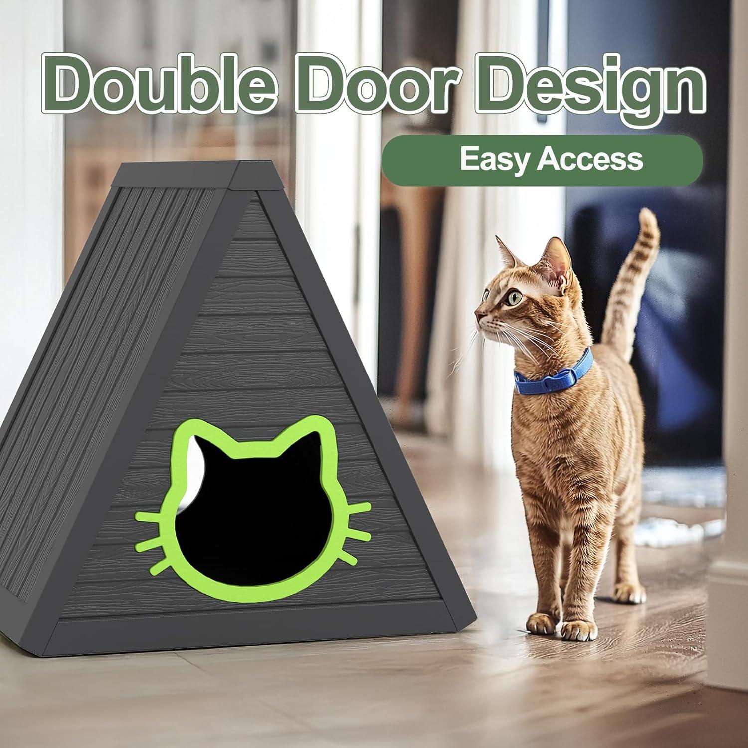 imageCat House for Outdoor Weatherproof Shelter Cats Triangle Moisture and Odor ResistantBlack