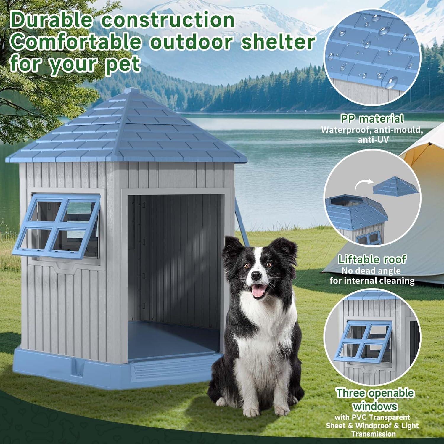imageDog House Indoor Outdoor Water Resistant Pet House with Adjustable Skylight for Small Medium Dogs 348L3051W3689HBlue