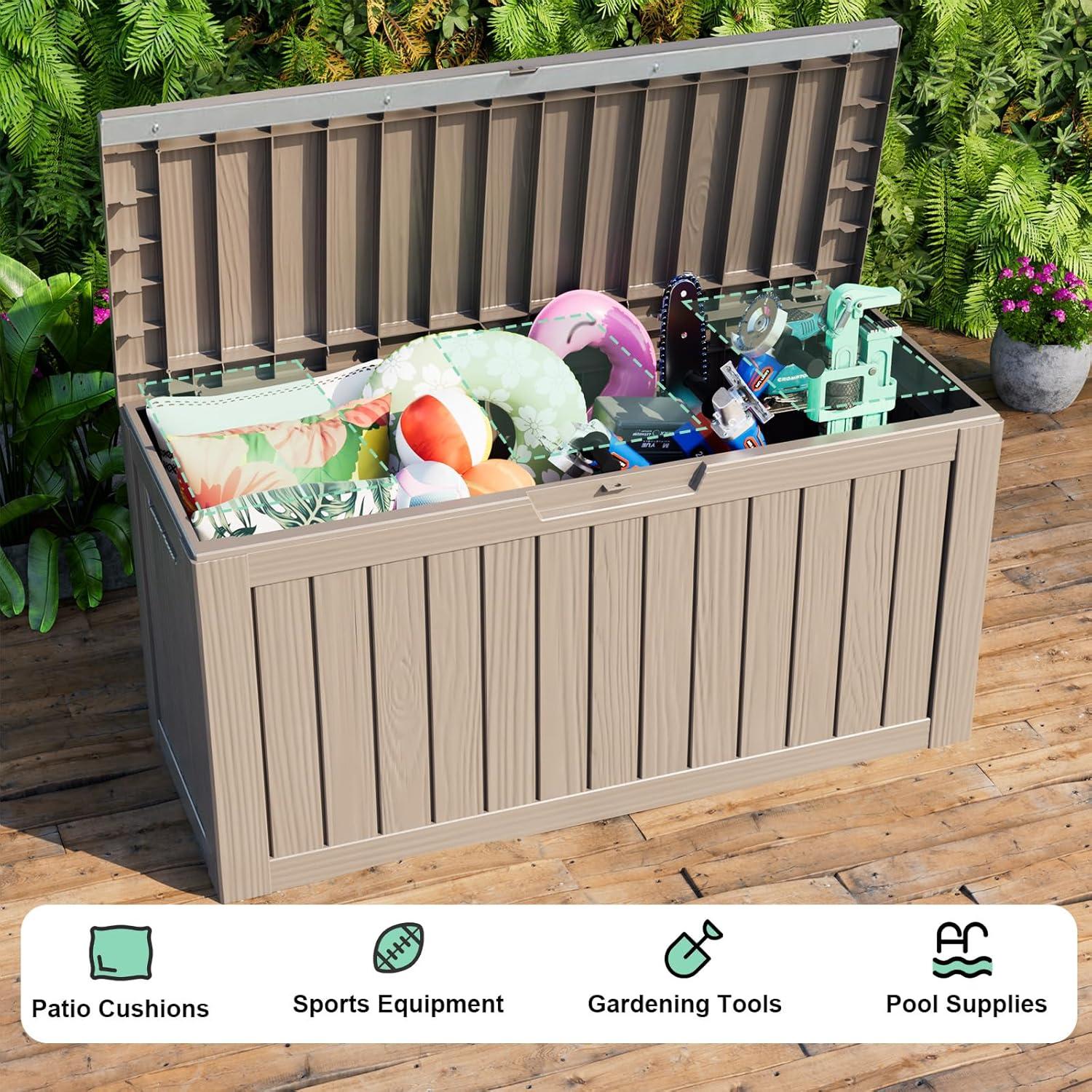 imageXXL 230 Gallon Large Resin Deck Box Outdoor Lockable Storage Box for Patio Cushions Storage Furniture Pool Supplies Garden Tools Weatherproof and UV Resistant Black 230 GallonLight brown