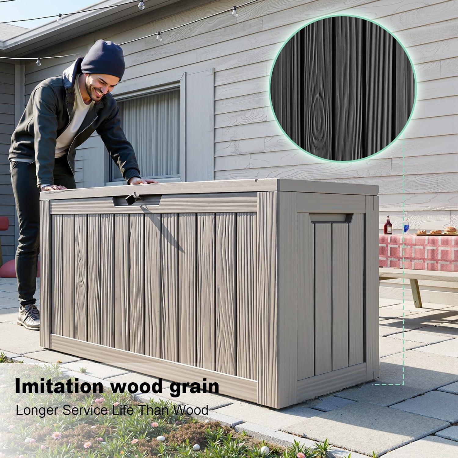 imageXXL 230 Gallon Large Resin Deck Box Outdoor Lockable Storage Box for Patio Cushions Storage Furniture Pool Supplies Garden Tools Weatherproof and UV Resistant Black 230 GallonLight brown