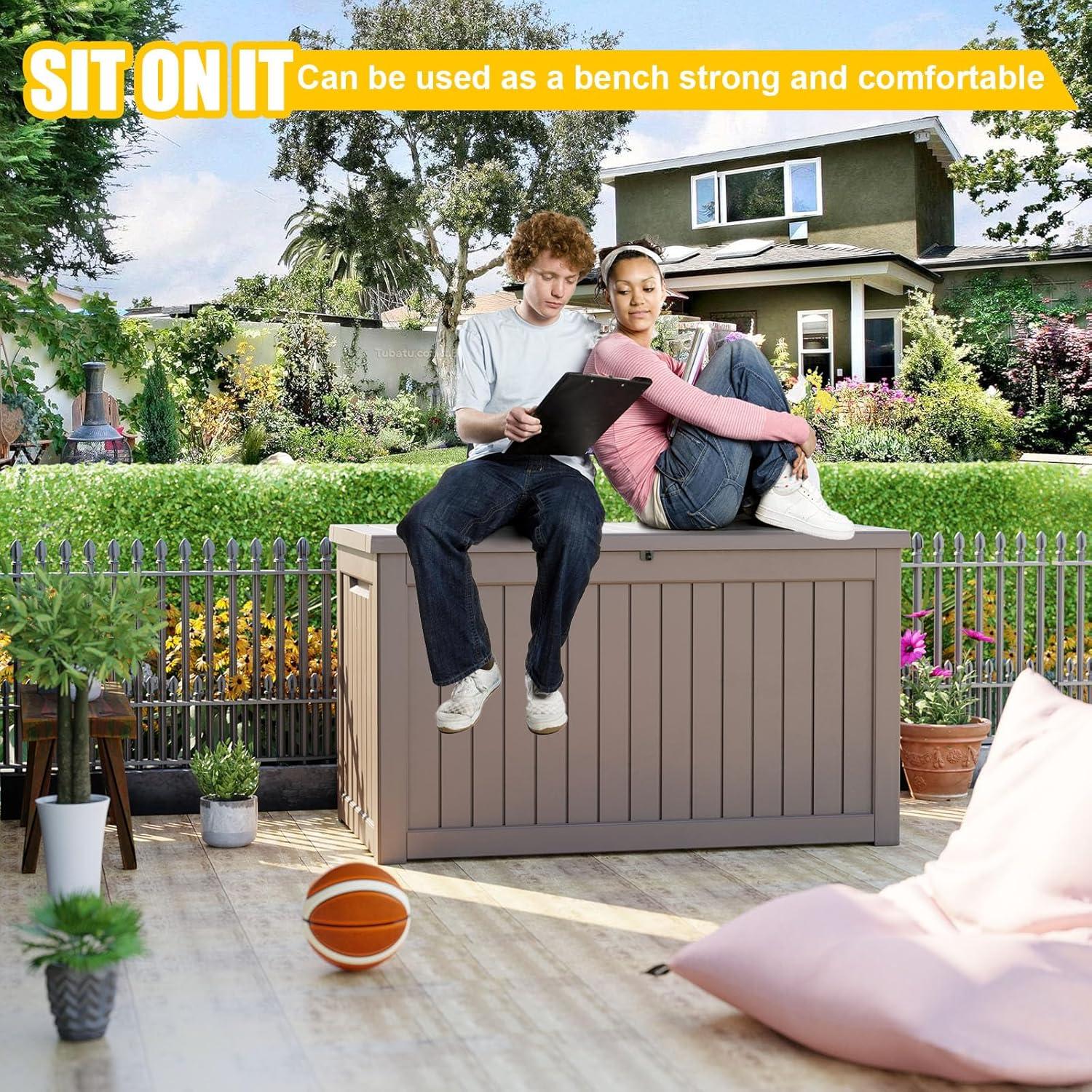 imageXXL 230 Gallon Large Resin Deck Box Outdoor Lockable Storage Box for Patio Cushions Storage Furniture Pool Supplies Garden Tools Weatherproof and UV Resistant Black 230 GallonLight brown
