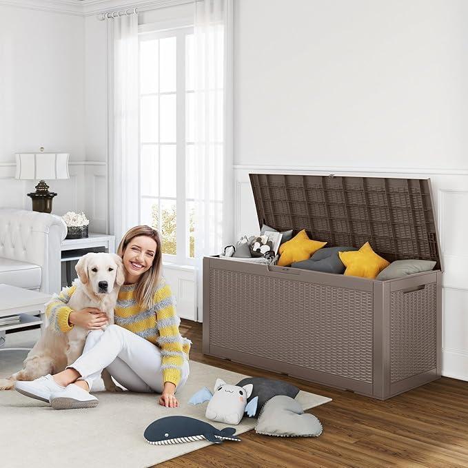 imageXXL 230 Gallon Large Resin Deck Box Outdoor Lockable Storage Box for Patio Cushions Storage Furniture Pool Supplies Garden Tools Weatherproof and UV Resistant Black 230 GallonLight brown