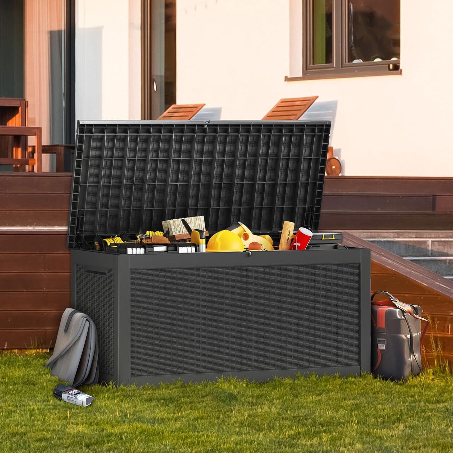 imageXXL 230 Gallon Large Resin Deck Box Outdoor Lockable Storage Box for Patio Cushions Storage Furniture Pool Supplies Garden Tools Weatherproof and UV Resistant Black 230 GallonBlack