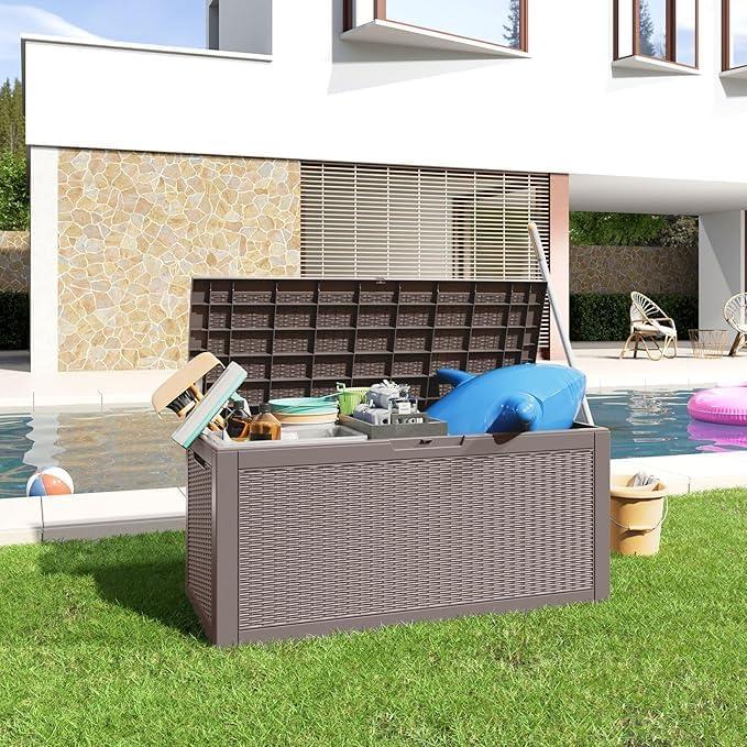imageXXL 230 Gallon Large Resin Deck Box Outdoor Lockable Storage Box for Patio Cushions Storage Furniture Pool Supplies Garden Tools Weatherproof and UV Resistant Black 230 GallonLight brown