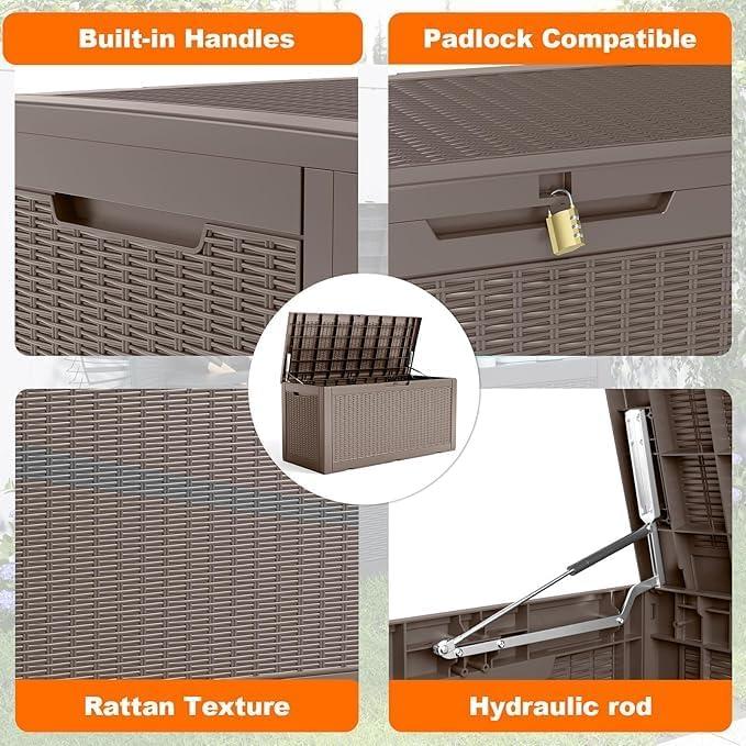 imageXXL 230 Gallon Large Resin Deck Box Outdoor Lockable Storage Box for Patio Cushions Storage Furniture Pool Supplies Garden Tools Weatherproof and UV Resistant Black 230 GallonLight brown