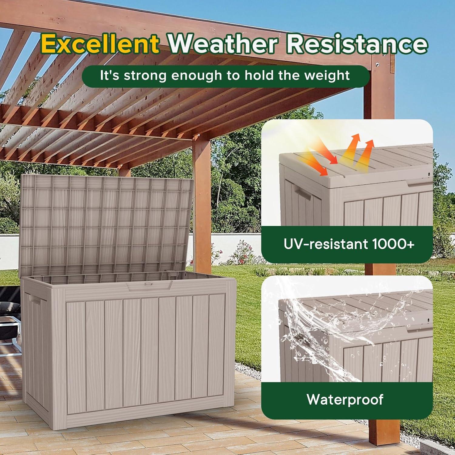 imageXXL 230 Gallon Large Resin Deck Box Outdoor Lockable Storage Box for Patio Cushions Storage Furniture Pool Supplies Garden Tools Weatherproof and UV Resistant Black 230 GallonLight brown