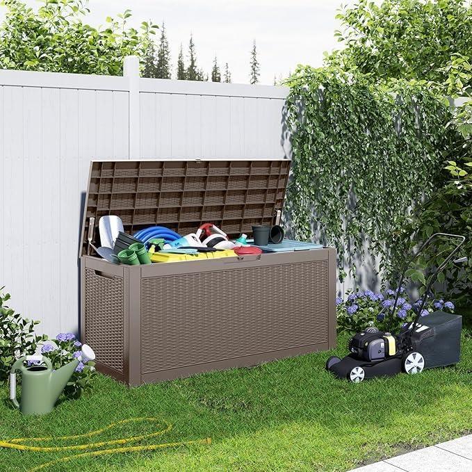 imageXXL 230 Gallon Large Resin Deck Box Outdoor Lockable Storage Box for Patio Cushions Storage Furniture Pool Supplies Garden Tools Weatherproof and UV Resistant Black 230 GallonLight brown