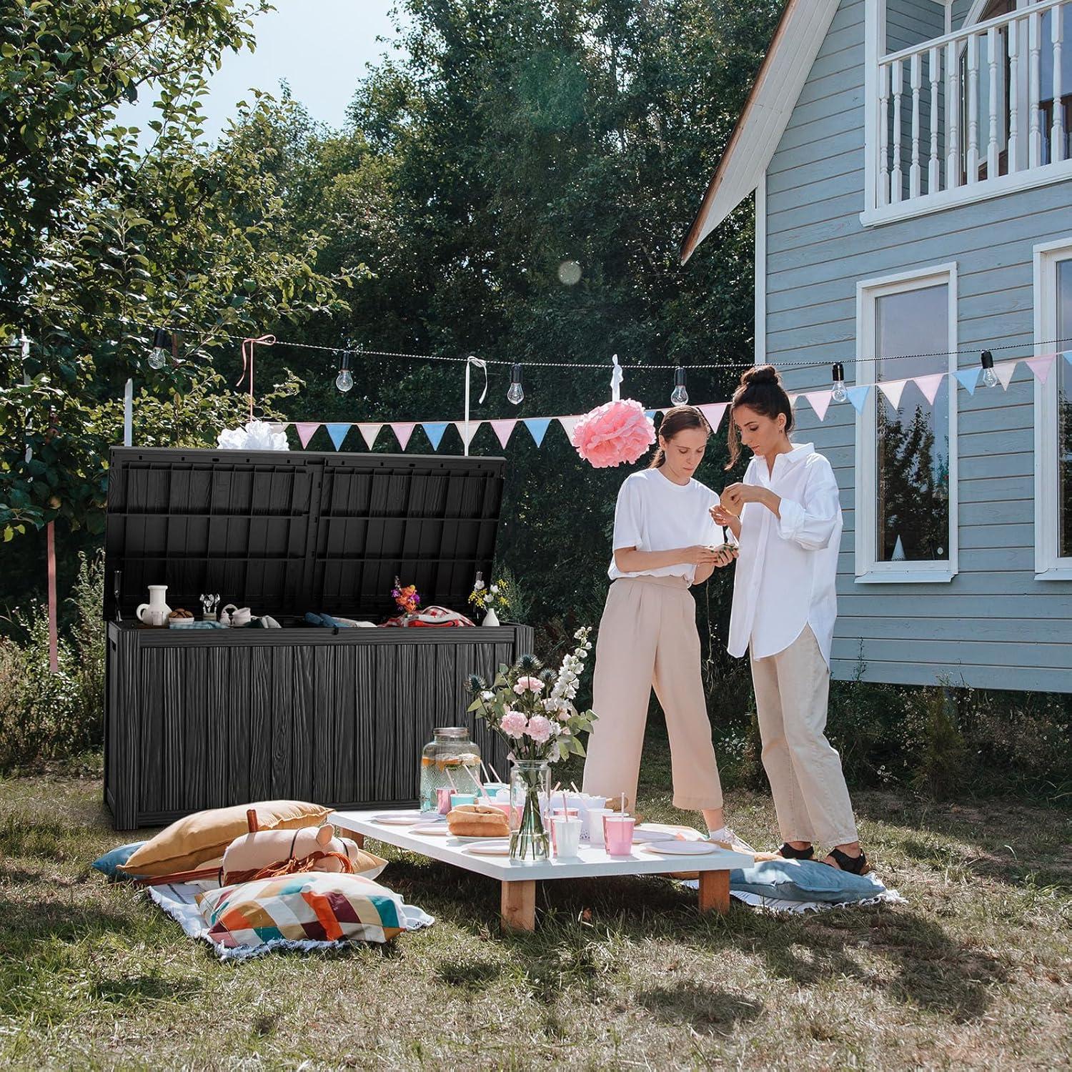 imageXXL 230 Gallon Large Resin Deck Box Outdoor Lockable Storage Box for Patio Cushions Storage Furniture Pool Supplies Garden Tools Weatherproof and UV Resistant Black 230 GallonBlack