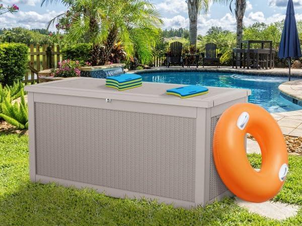 imageXXL 230 Gallon Large Resin Deck Box Outdoor Lockable Storage Box for Patio Cushions Storage Furniture Pool Supplies Garden Tools Weatherproof and UV Resistant Black 230 GallonLight brown