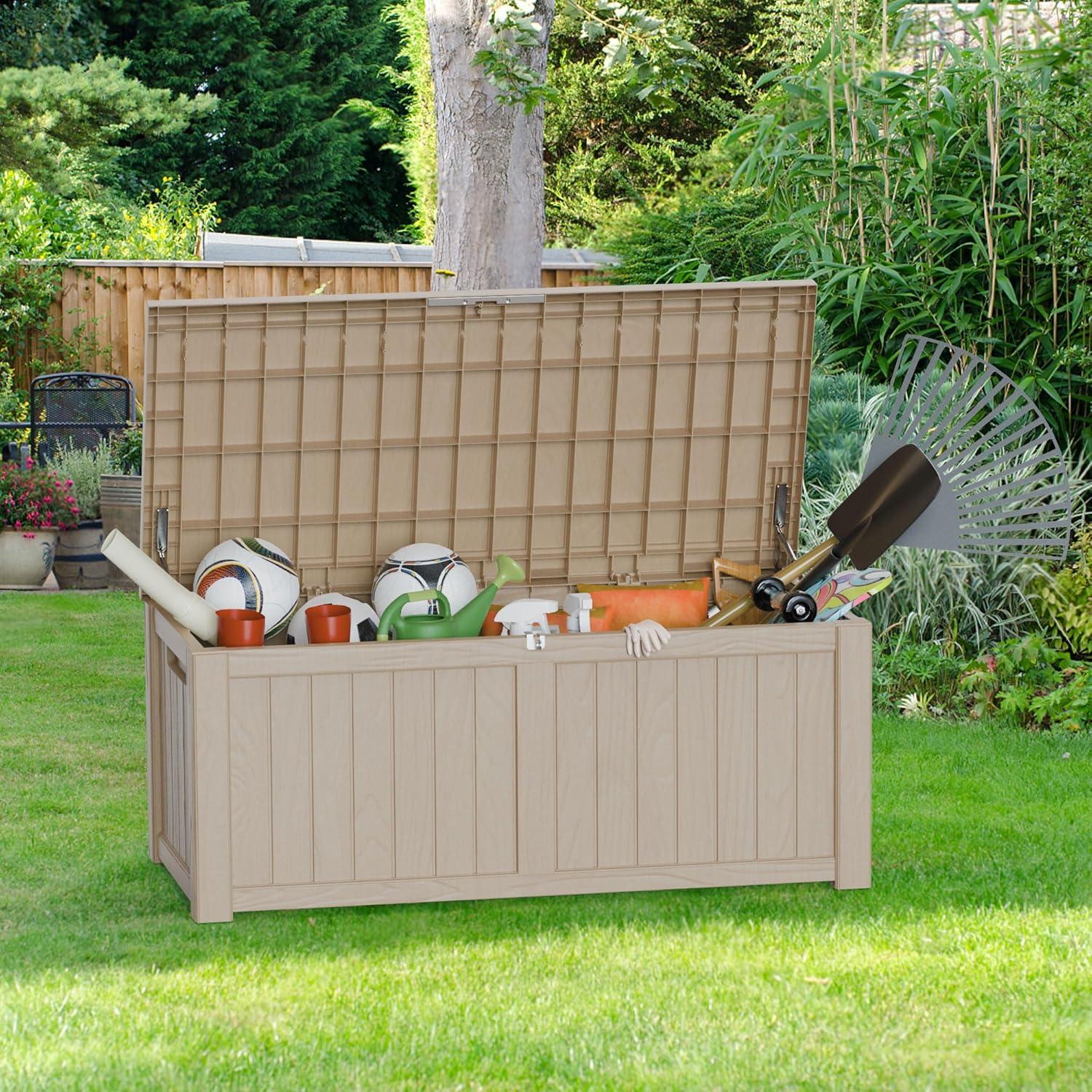 imageXXL 230 Gallon Large Resin Deck Box Outdoor Lockable Storage Box for Patio Cushions Storage Furniture Pool Supplies Garden Tools Weatherproof and UV Resistant Black 230 GallonLight brown