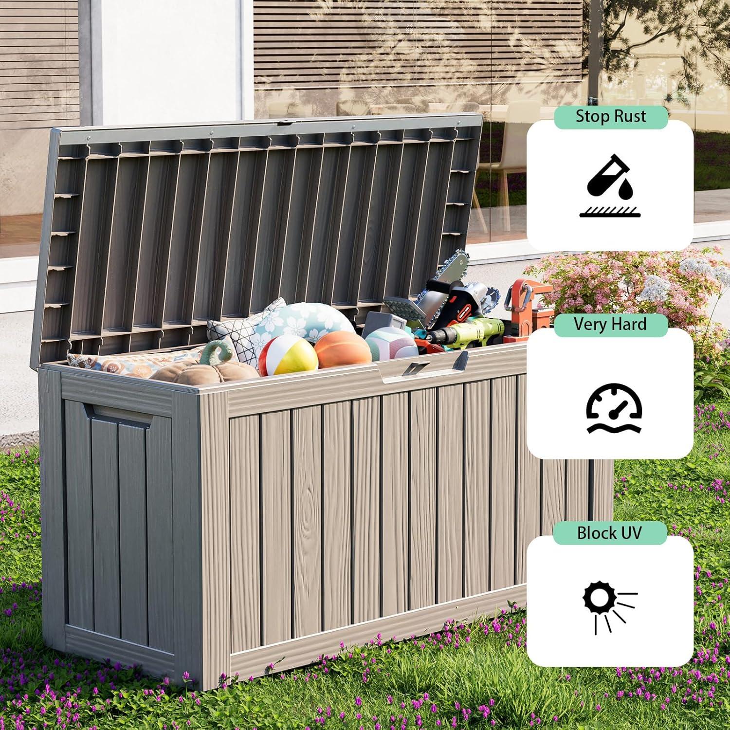 imageXXL 230 Gallon Large Resin Deck Box Outdoor Lockable Storage Box for Patio Cushions Storage Furniture Pool Supplies Garden Tools Weatherproof and UV Resistant Black 230 GallonLight brown