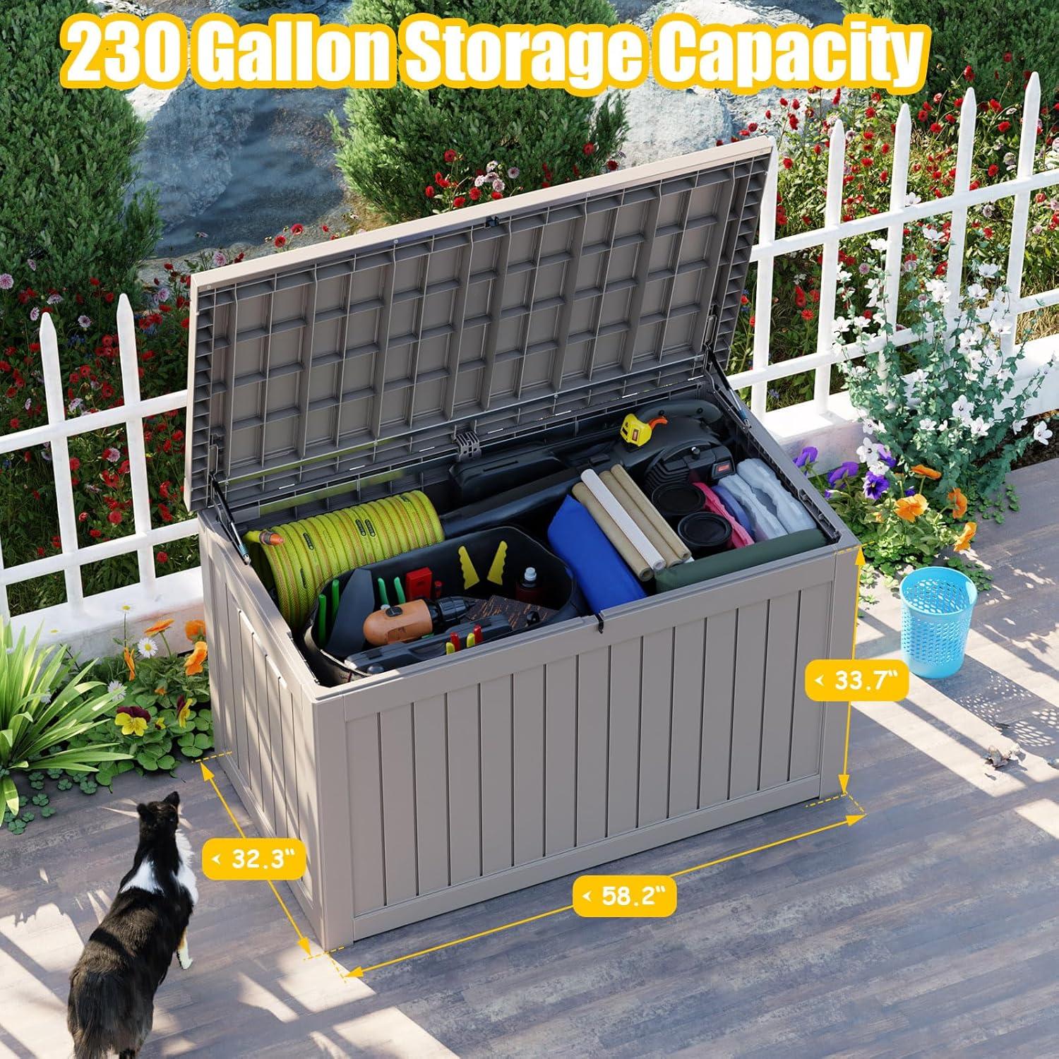 imageXXL 230 Gallon Large Resin Deck Box Outdoor Lockable Storage Box for Patio Cushions Storage Furniture Pool Supplies Garden Tools Weatherproof and UV Resistant Black 230 GallonLight brown