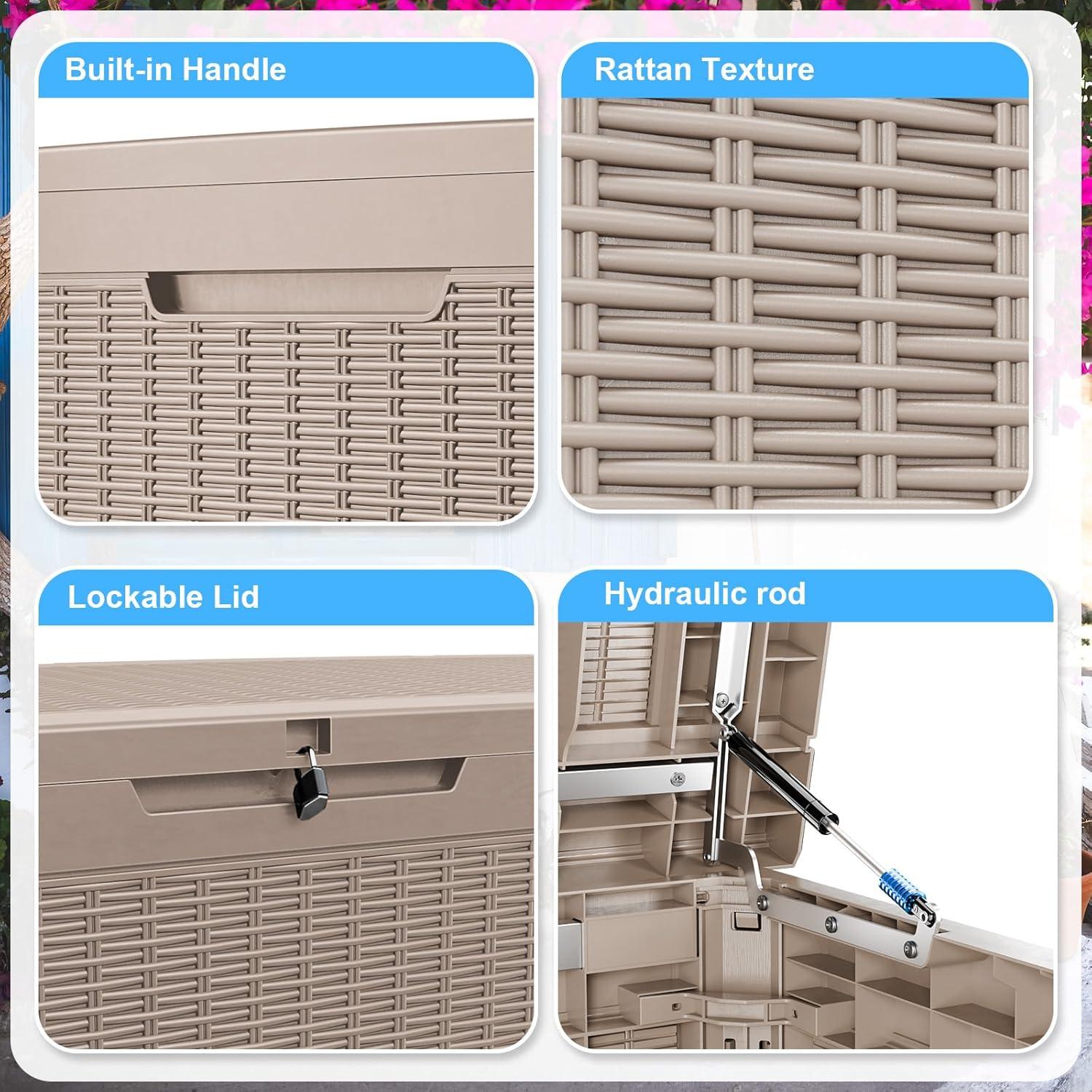 imageXXL 230 Gallon Large Resin Deck Box Outdoor Lockable Storage Box for Patio Cushions Storage Furniture Pool Supplies Garden Tools Weatherproof and UV Resistant Black 230 GallonLight brown