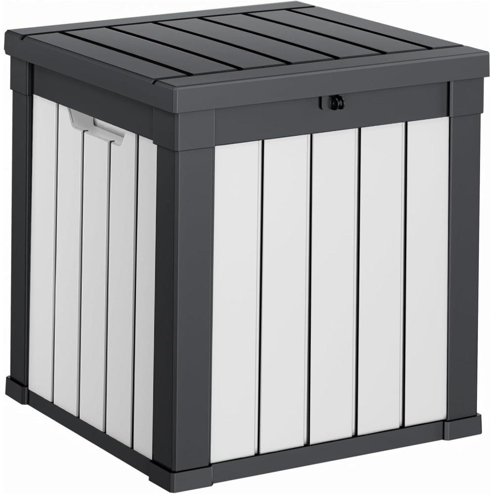 image28 Gallon Resin Deck Box Lockable Patio Outdoor Storage Box for Furniture Garden Tools and Tools Storage Waterproof Outside Storage Boxes  BlackBlackWhite