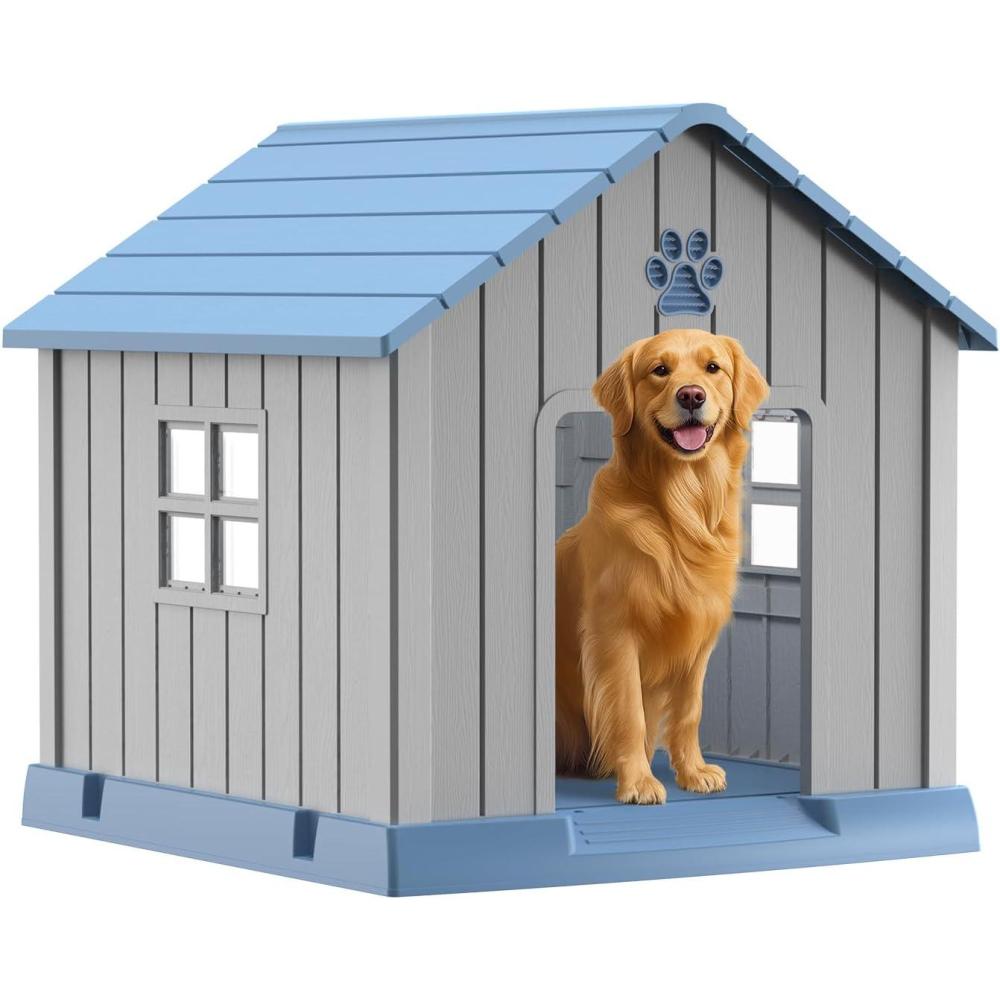 image38 Inch Dog House Indoor Outdoor Dog Kennel for Small Medium Large Dogs Weather Water Resistant Pet House with Air Vents and Elevated Floor Blue 38INCH 378  4087  3882INBlue