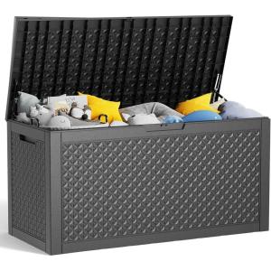 image100 Gallon Resin Deck Box Lockable Patio Outdoor Storage Box for Furniture Garden Tools and Tools Storage Waterproof Outside Storage Boxes  BlackPatterned black