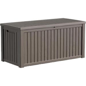 image180 Gallon Large Resin Deck Box Outdoor Lockable Storage Box with Divider for Patio Cushions Storage Furniture Pool Supplies Garden Tools Weatherproof and UV Resistant Light brown