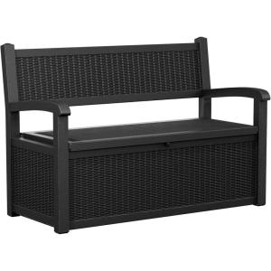 image80 Gallon Outdoor Storage Bench Deck Box Waterproof LockableOutdoor Storage Furniture for PatioGarden and PorchTools and CushionsGrey StripeBlack